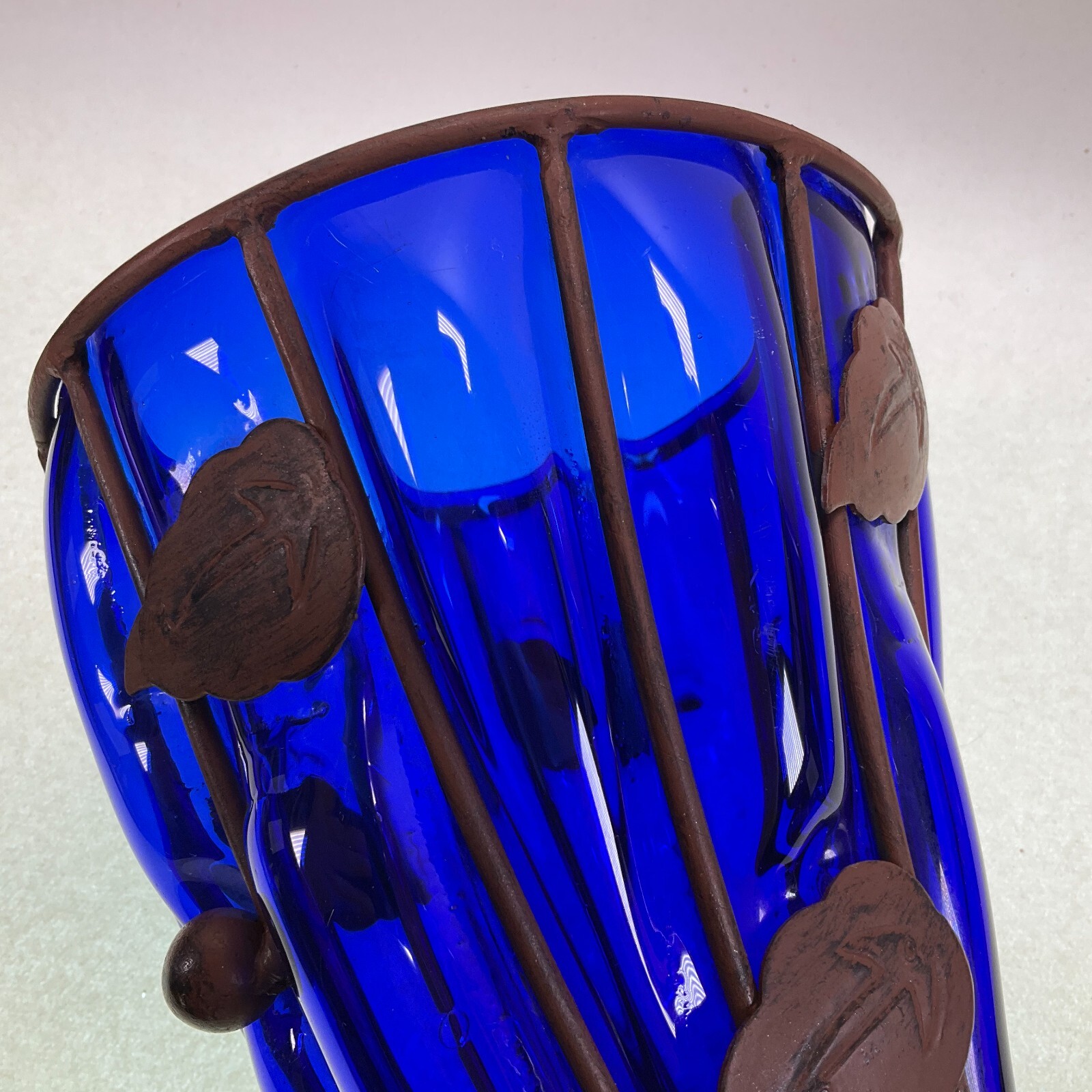 Cobalt Cornucopia Hand Blown Glass Metal Cage Leaves Vase 1960s 10 1/2″