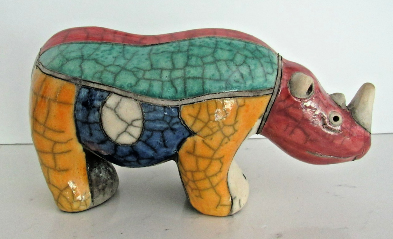 VTG. Raku Pottery South Africa Hippopotamus & Baby Figurine Patchwork Colorful