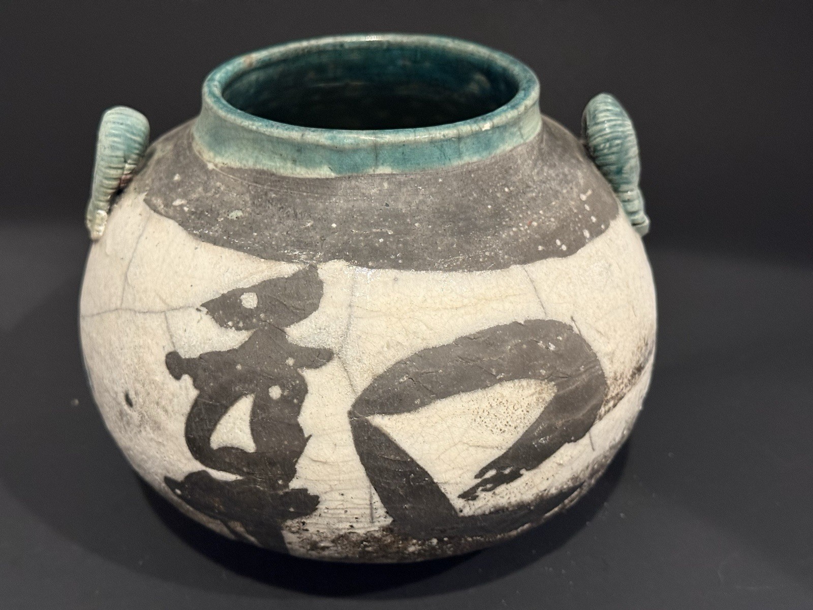 Vintage Pottery Vase w/ Crackled Glaze & Unique Handles | Rustic Art Decor