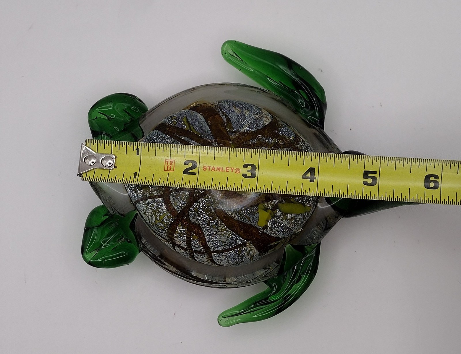 Murano Style Sea Turtle Glass Paperweight Figurine Hand-Blown Green Brown 6”
