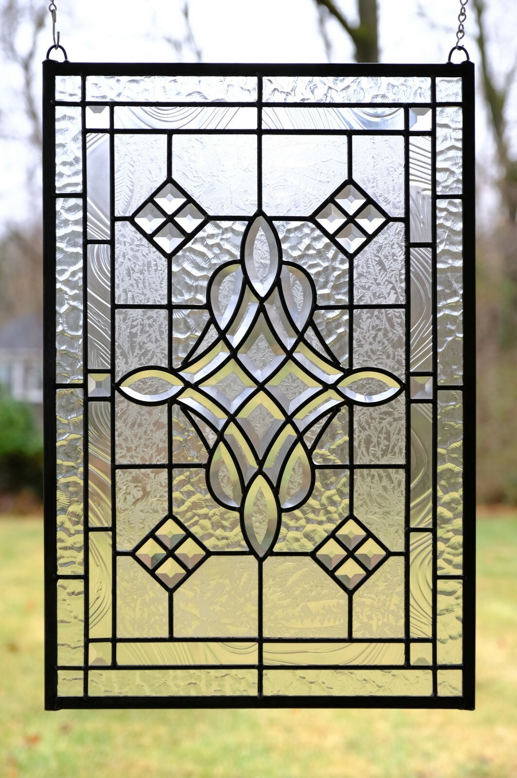 Handcrafted All Clear stained glass Beveled window panel 16″ x 24″