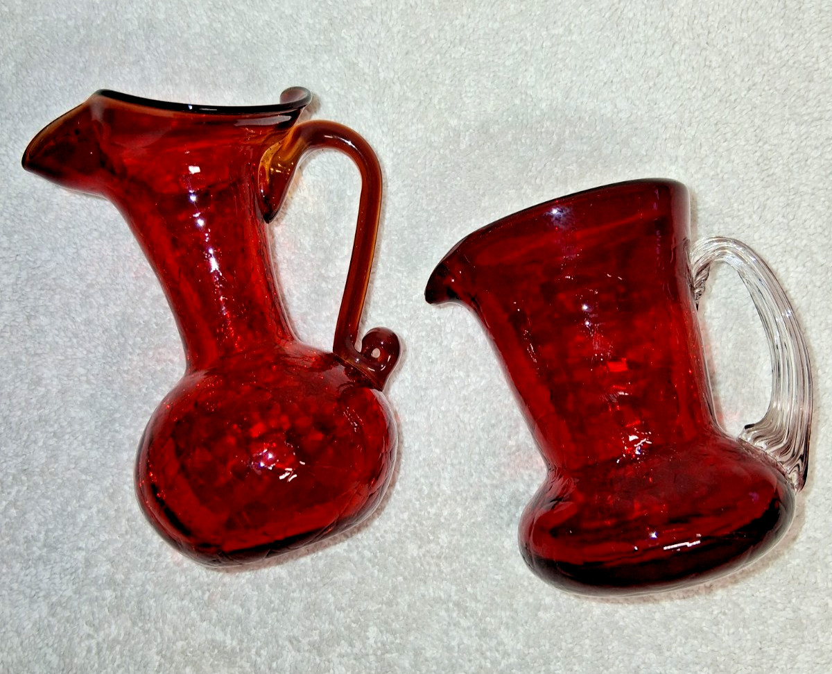 SET OF 2 PILGRIM RED CRACKLE GLASS MINI PITCHERS