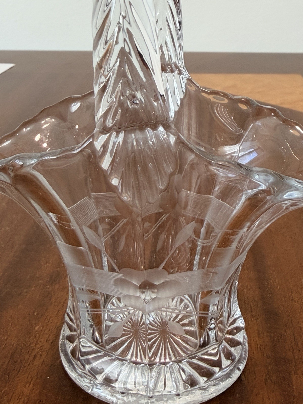 Vintage Cut Crystal Glass Basket Twisted Handle Etched Flowers Sunburst Base
