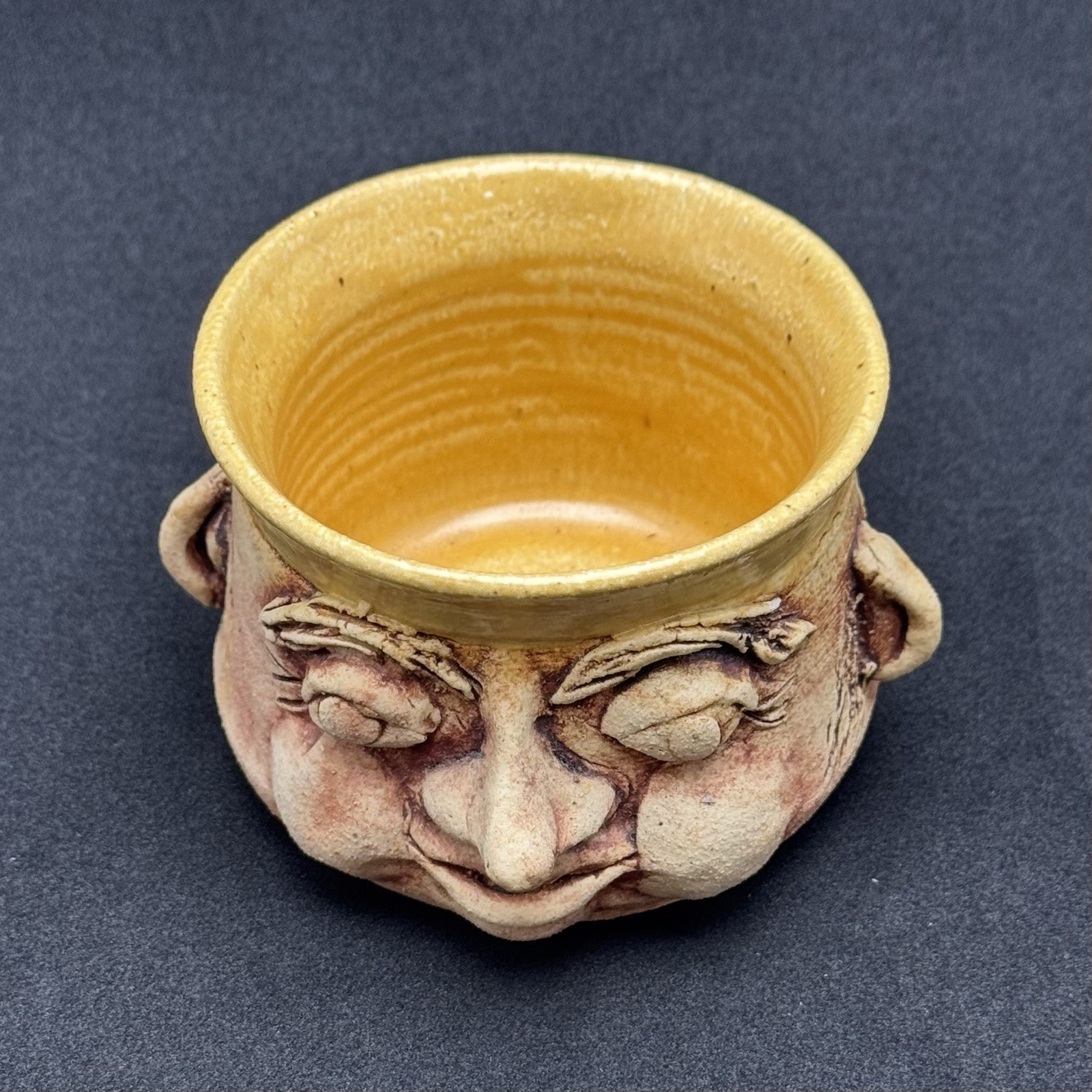 Signed Studio Art Pottery Face Planter Vessel Bowl Whimsical Folk Art Ceramic