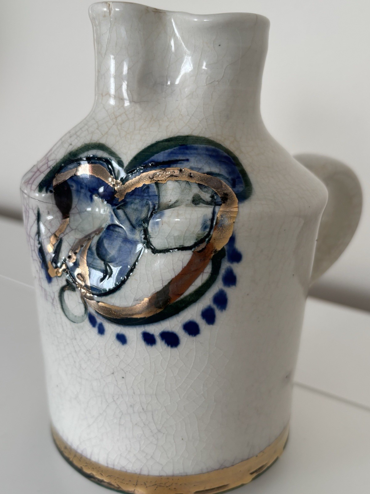 Mid-Century Modern Art Pottery Small Jar Hearts, Flowers gold , blue white