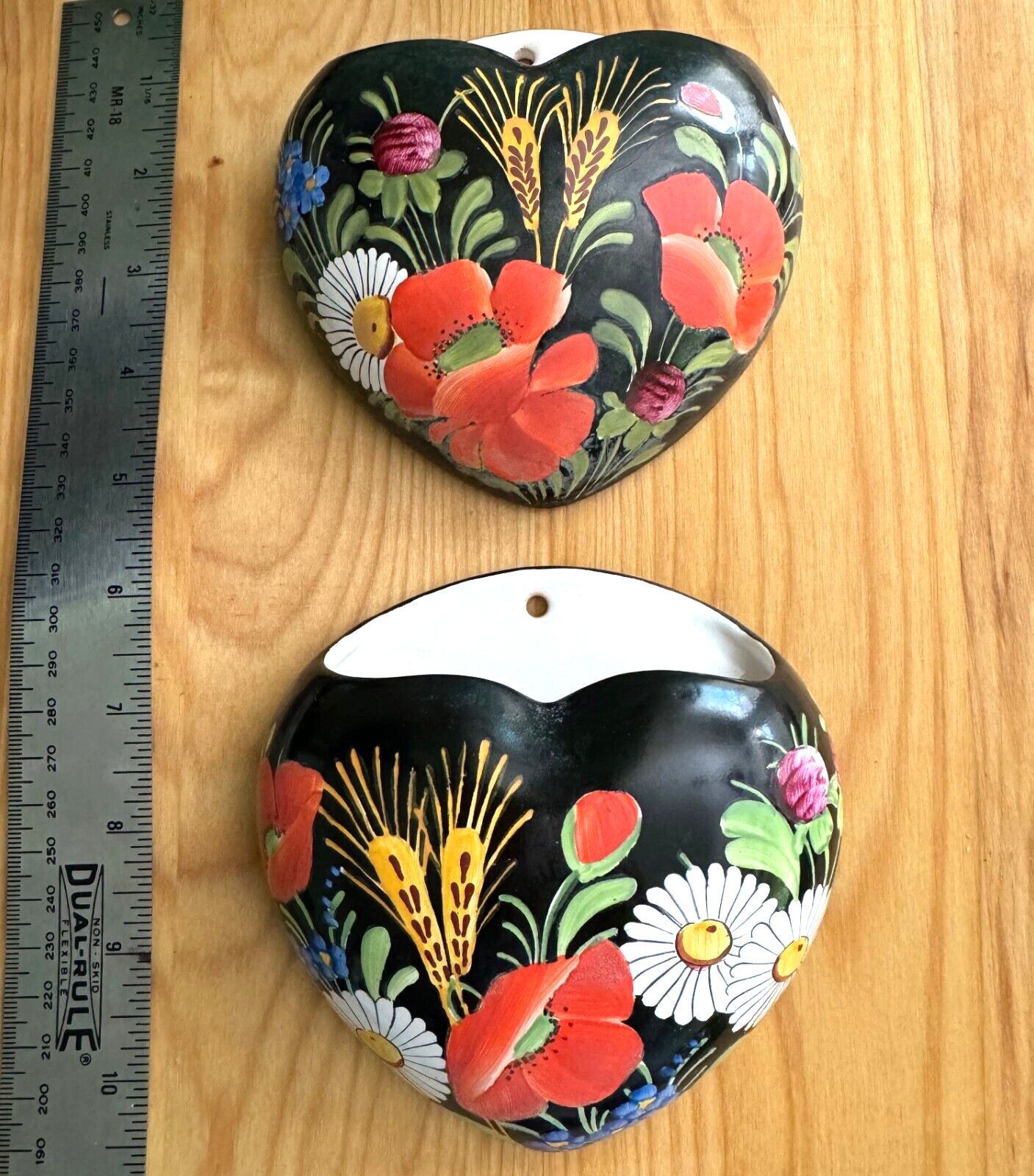 Czech Heart Wall Pocket Ceramic Heart Black Floral Chodovia Hand Painted 2