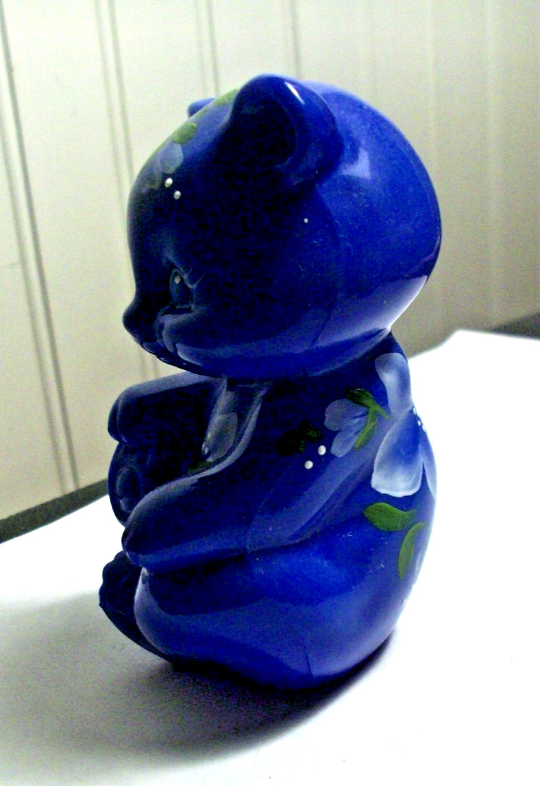 Fenton periwinkle blue art glass 3 1/2” BEAR white flowers H.P. signed M Hope