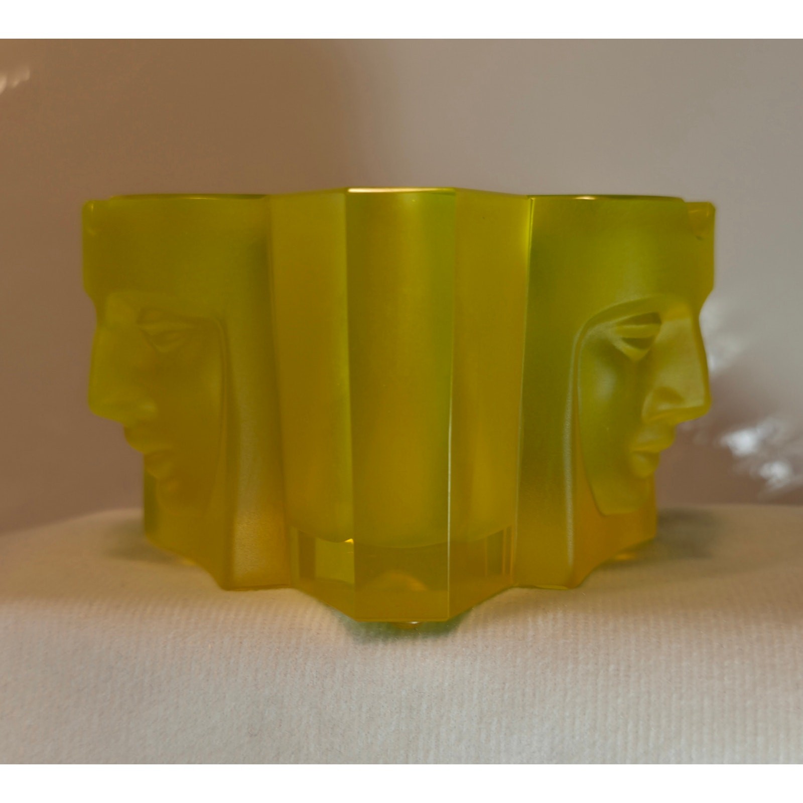 Czech Handmade Frosted Art Glass Face Bowl Vase Ashtray Yellow Green Modernist