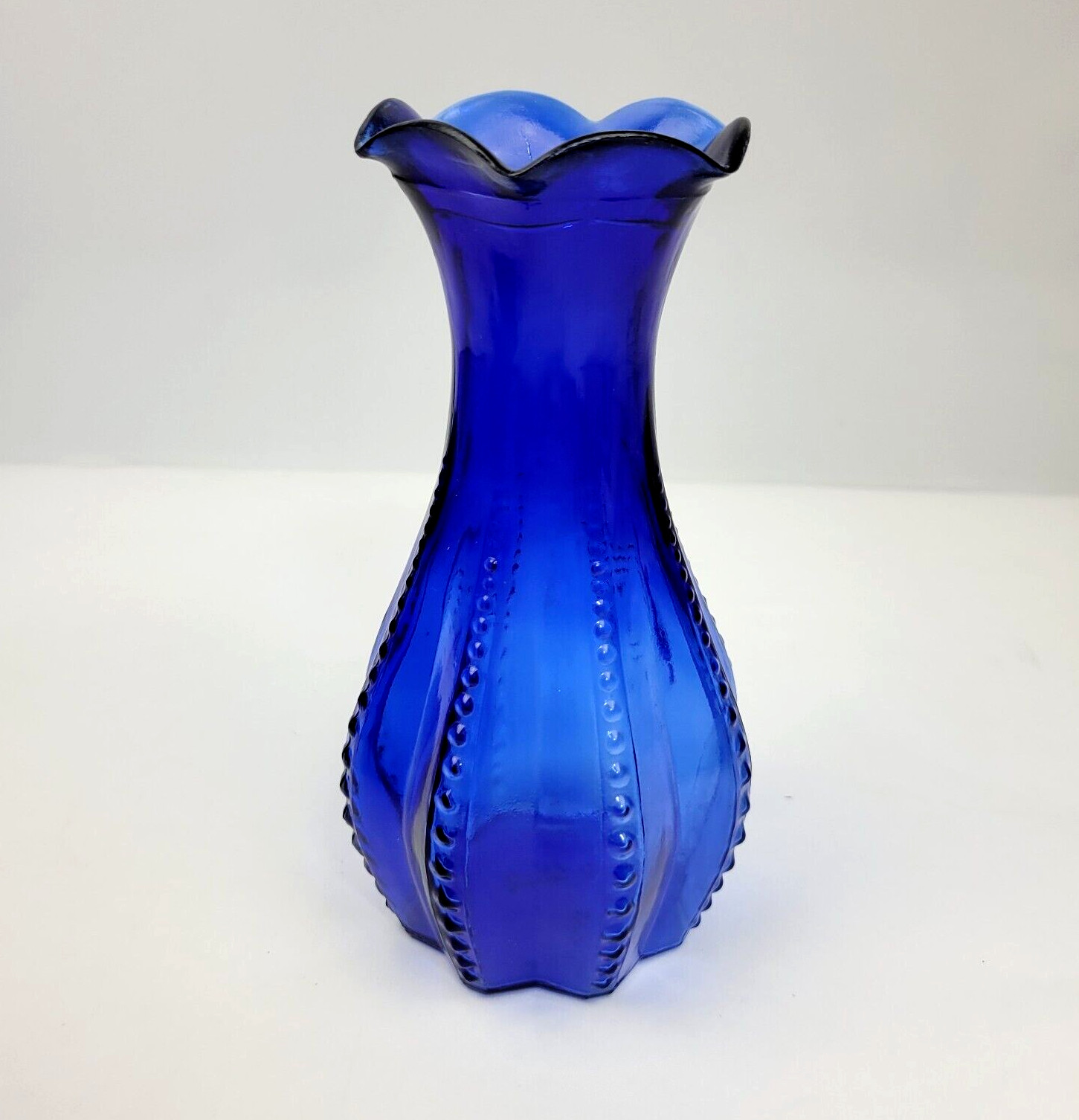 Vintage Indiana Glass Cobalt Blue Beaded Rib Vase Ruffle Rim Edge #2 USA 7″