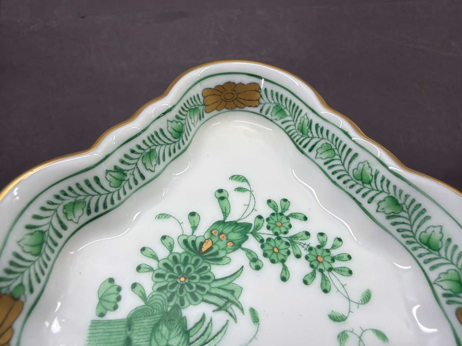 Vintage Herend Indian Basket Bouquet Green Porcelain Diamond Shaped Dish 7737 AV