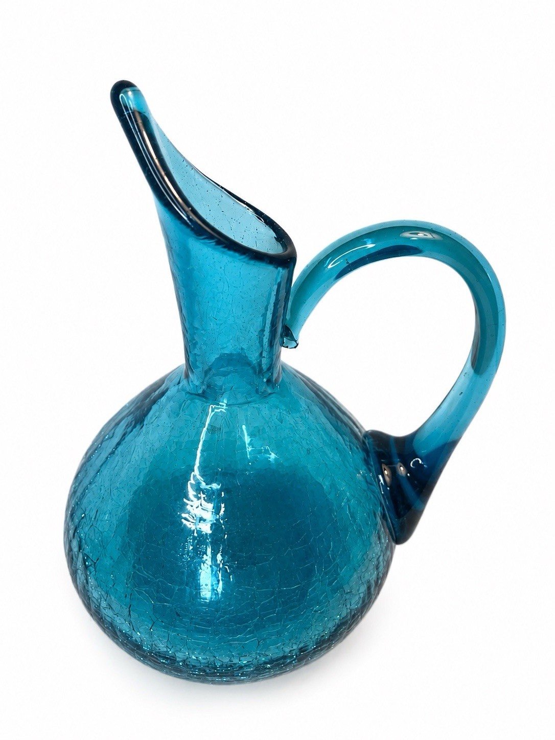 Vtg MCM Blenko Attributed Winslow Anderson Blue Crackle Glass Pitcher 8”