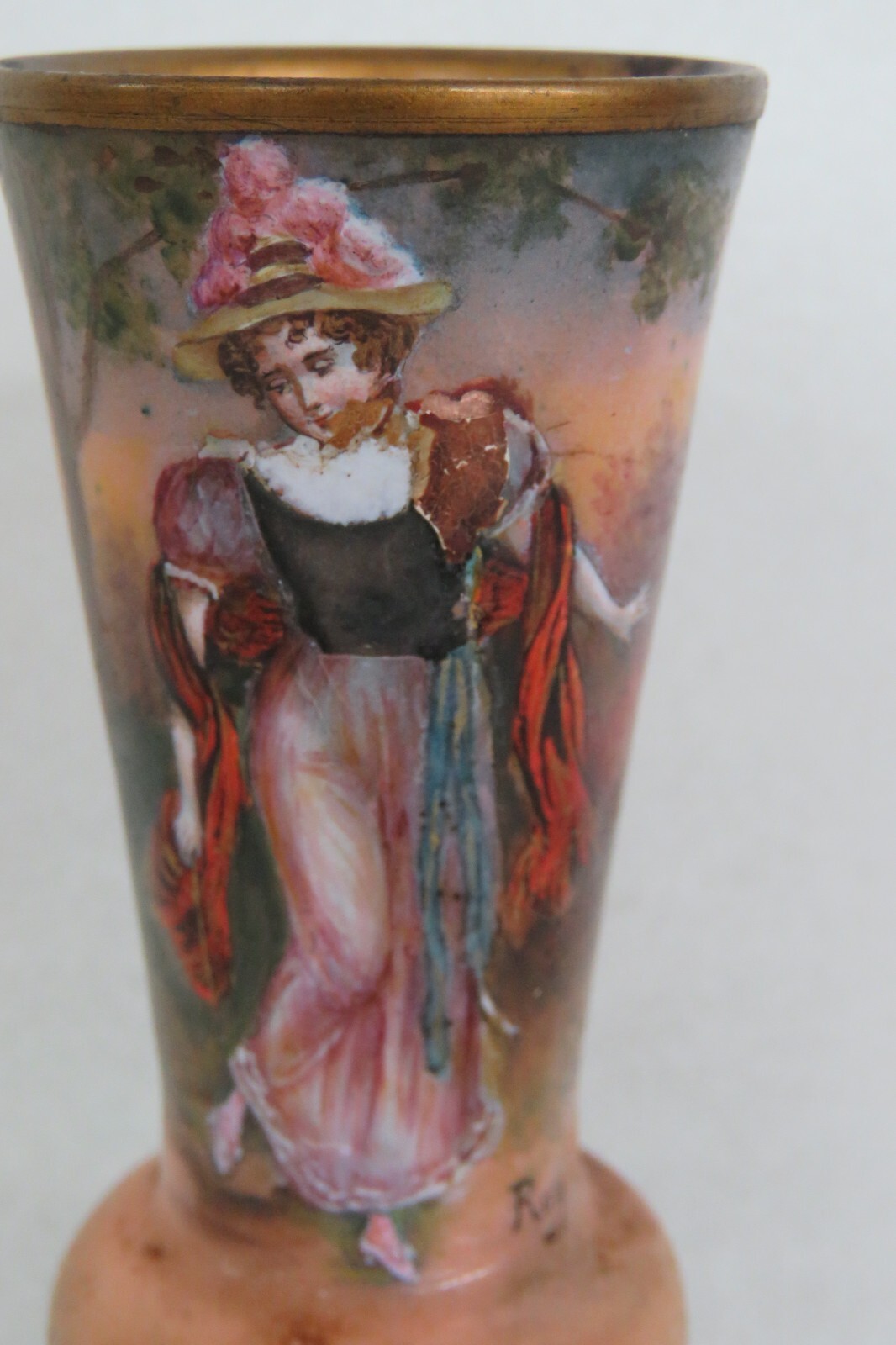 French Enamel Cabinet Vase Depicting a Beautiful Lady Signed Roy 4103B