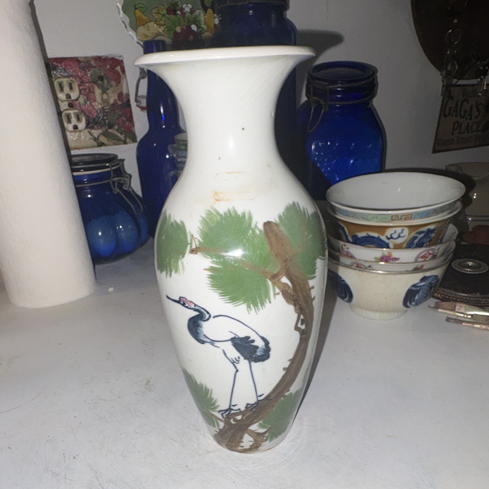 Hand Painted Ceramic Vase White Green Brown Blue Crane Birds Glossy Finish