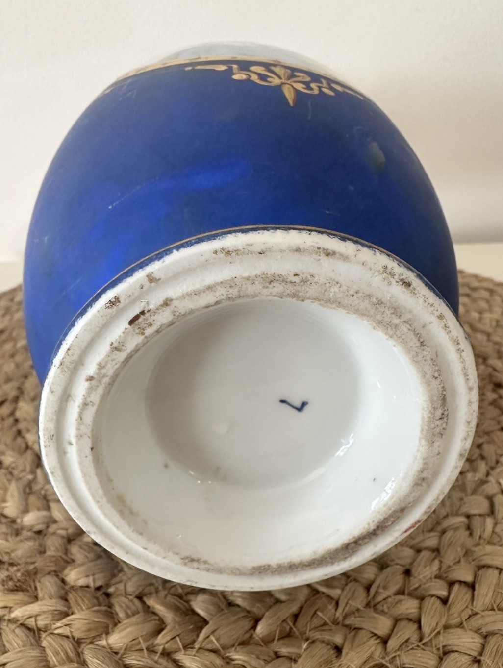 19C Old Paris Painted Neoclassical lady portrait Medallion Blue Gold Vase 13”