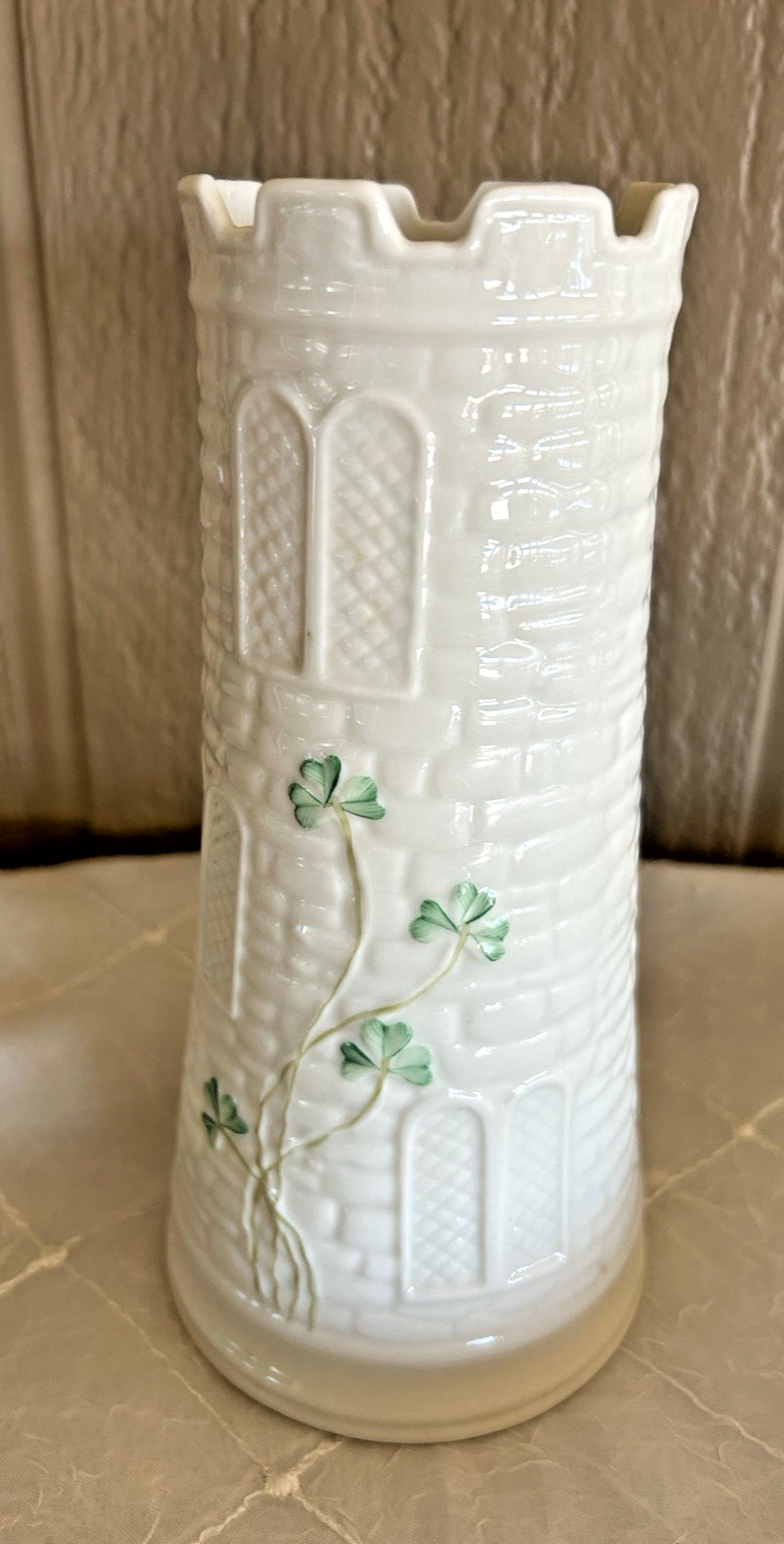 Belleek Classic Castle White Tower Vase 7.75″ Ireland Shamrocks 2223