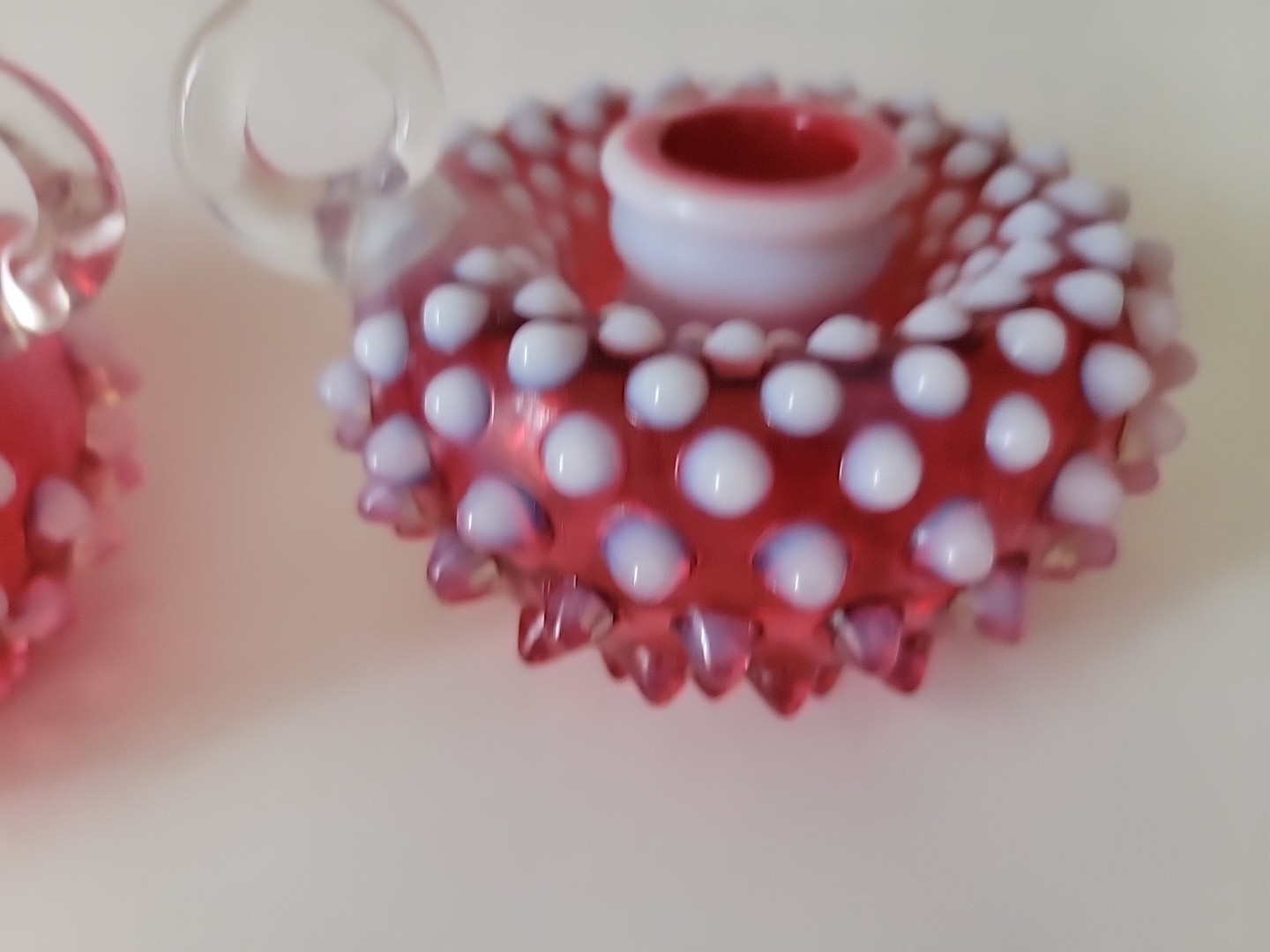 2 Vintage Fenton Cranberry Hobnail Opalescent Candlestick Holders Finger Loop