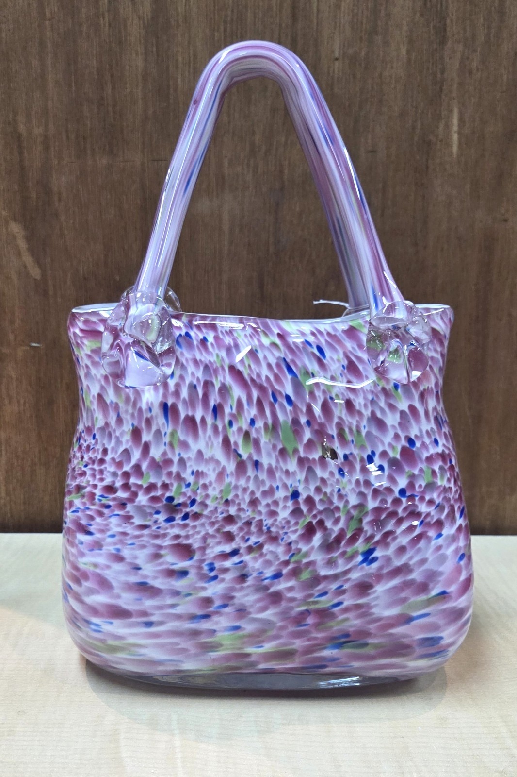 Vintage Murano Style Hand Blown Art Glass Handbag Purse Vase Pink Confetti