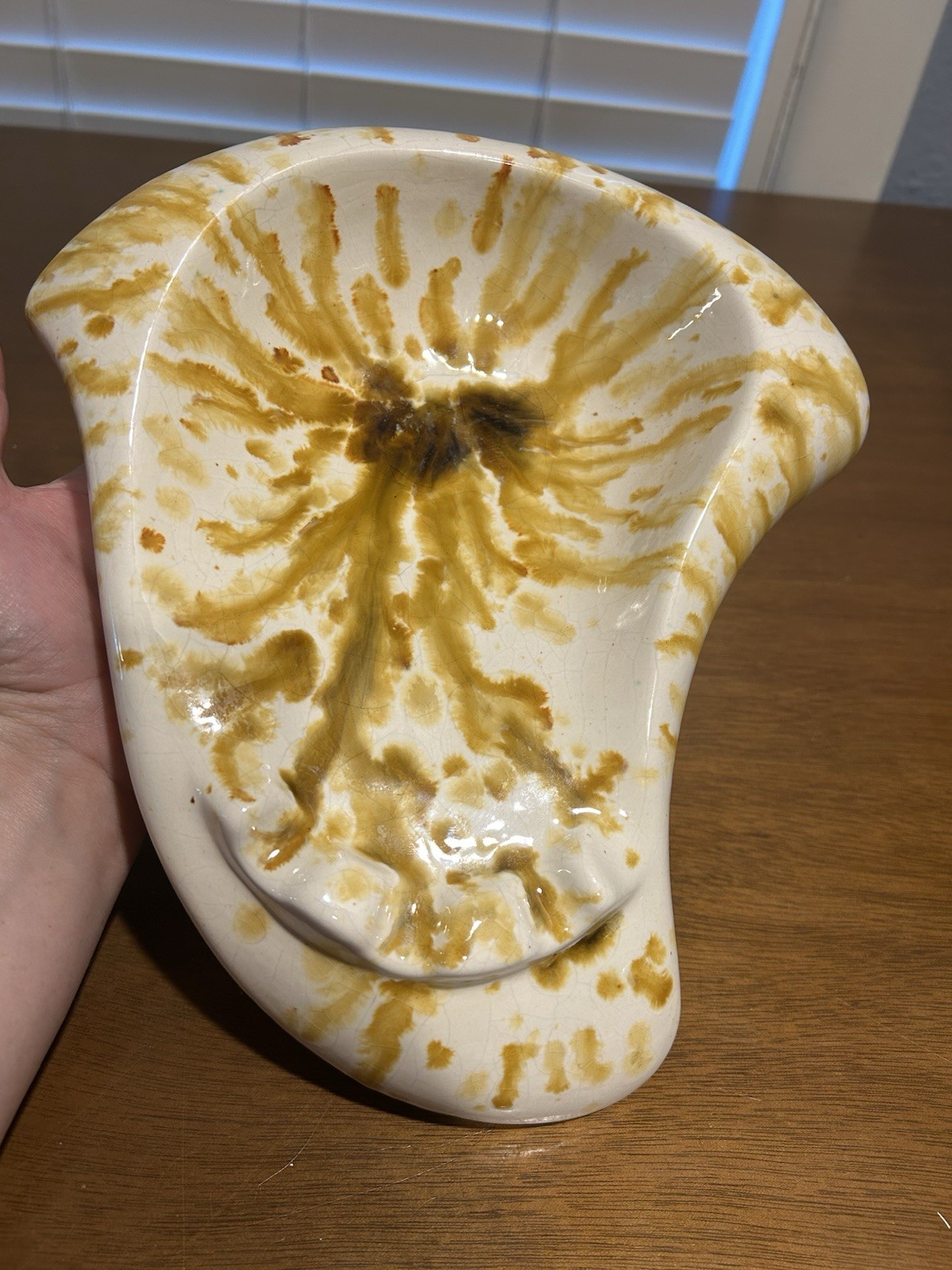 MCM Vintage Art Ceramic Ashtray W/Drip Splatter Glaze Brown,Yellow, White , 10”