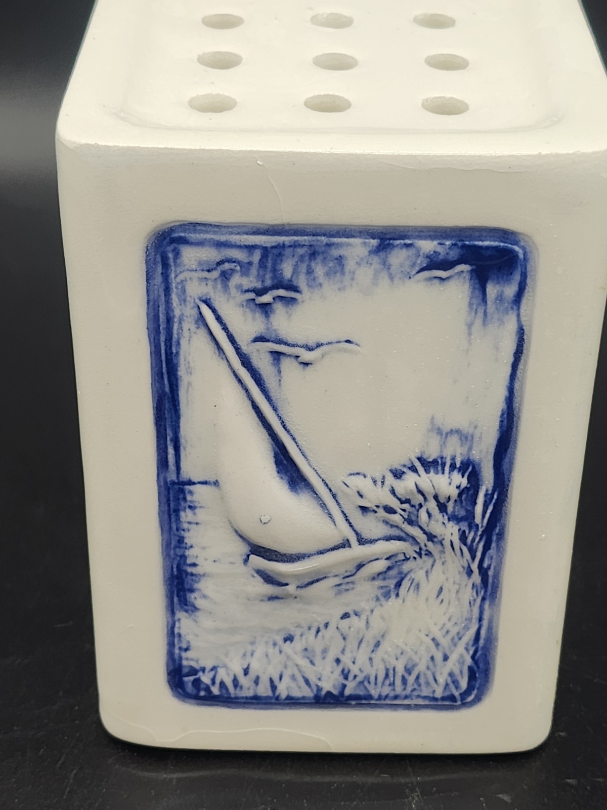 Vintage Holland Mold Porcelain Flower Brick With Windmill & Sailboats