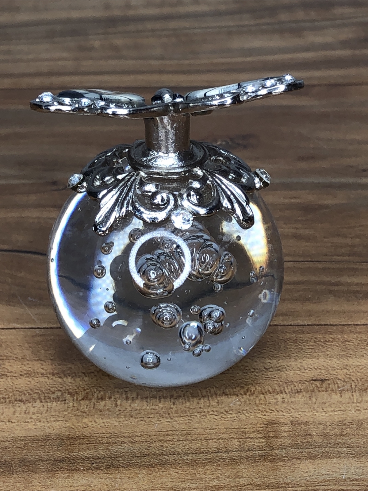 Art Glass Paperweight Controlled Bubbles Ball – Metal Silver Enamel Butterfly