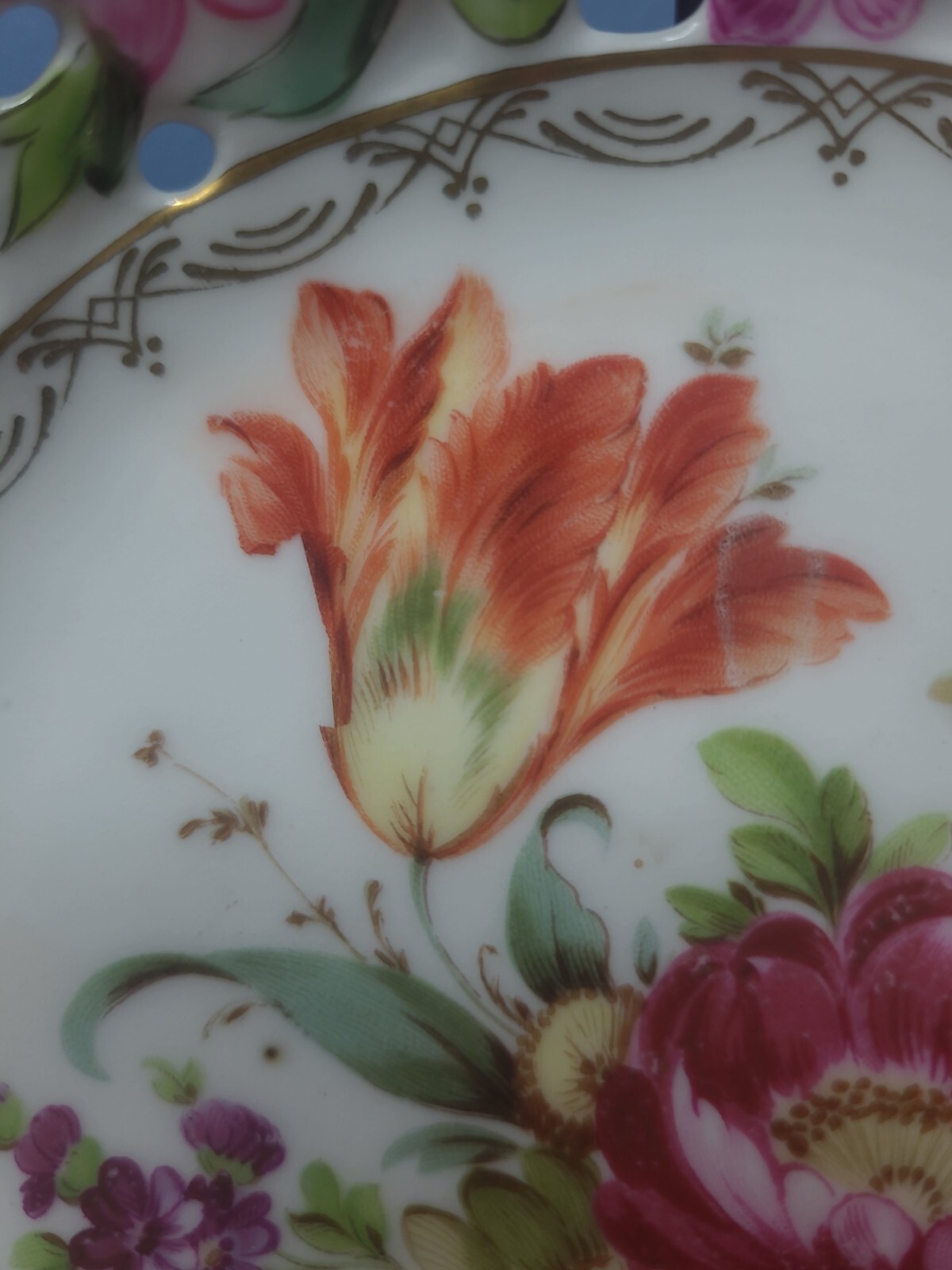 Rare E.S. Prussia Dresden Flowers Gilded Porcelain Bowl Plate Scalloped Openwork