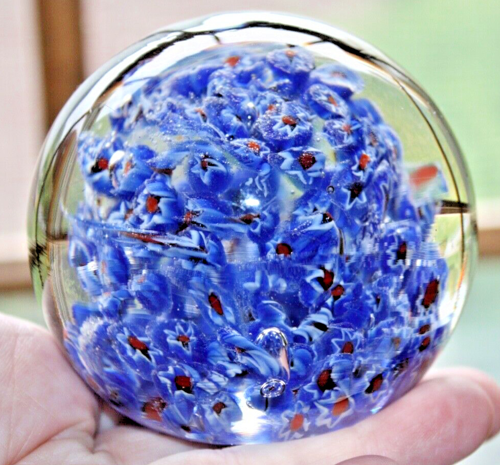 Red White & Blue Star Millefiori Paperweight Encased Art Glass