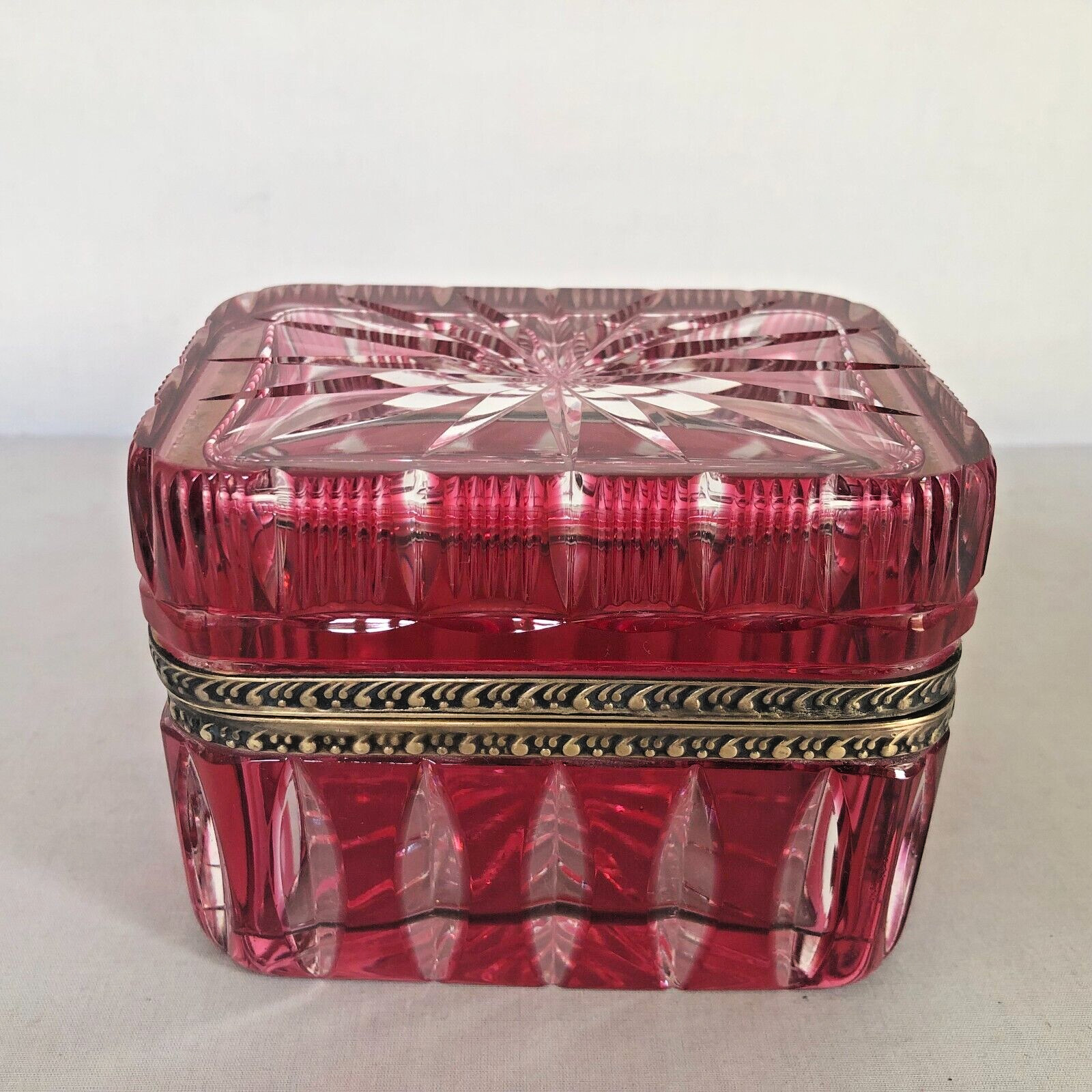 Vintage German Cranberry Color Cut to Clear Hinged Glass Box