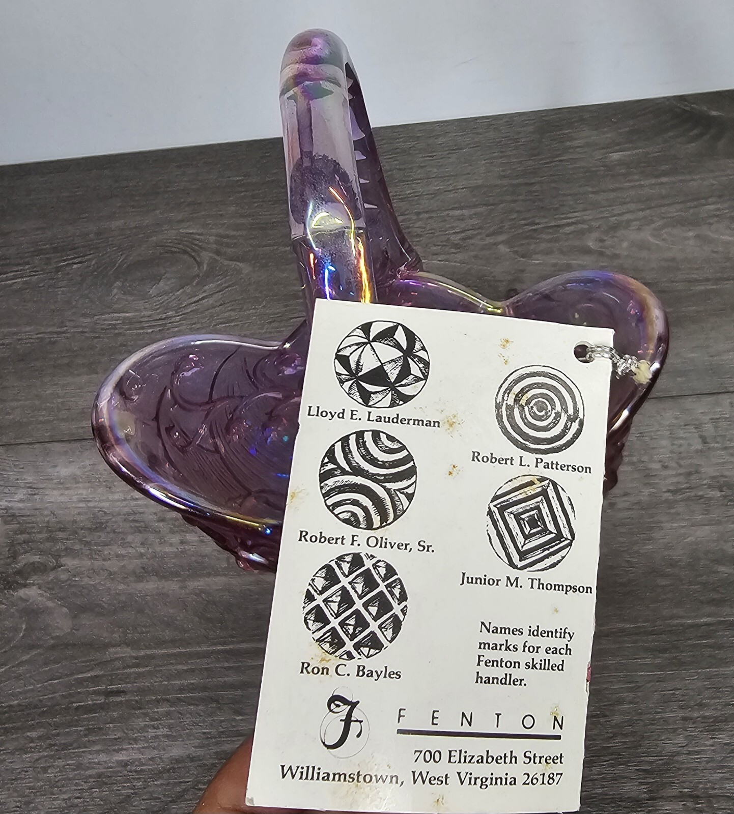 FENTON ART GLASS Co. USA: PINK Iridescent LILY OF THE VALLEY 7 1/2″ Basket w/tag