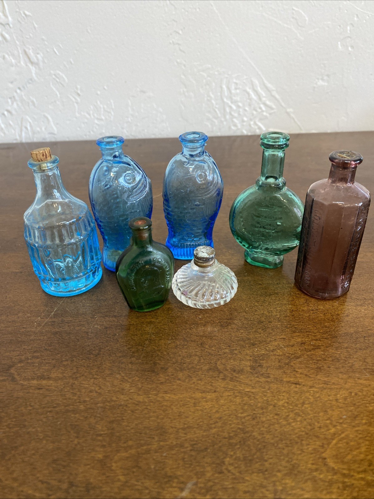 Vintage Inkwell & 3” Bitters Bottle Lot Of 7 Multi Colored One 2” Ben Franklin