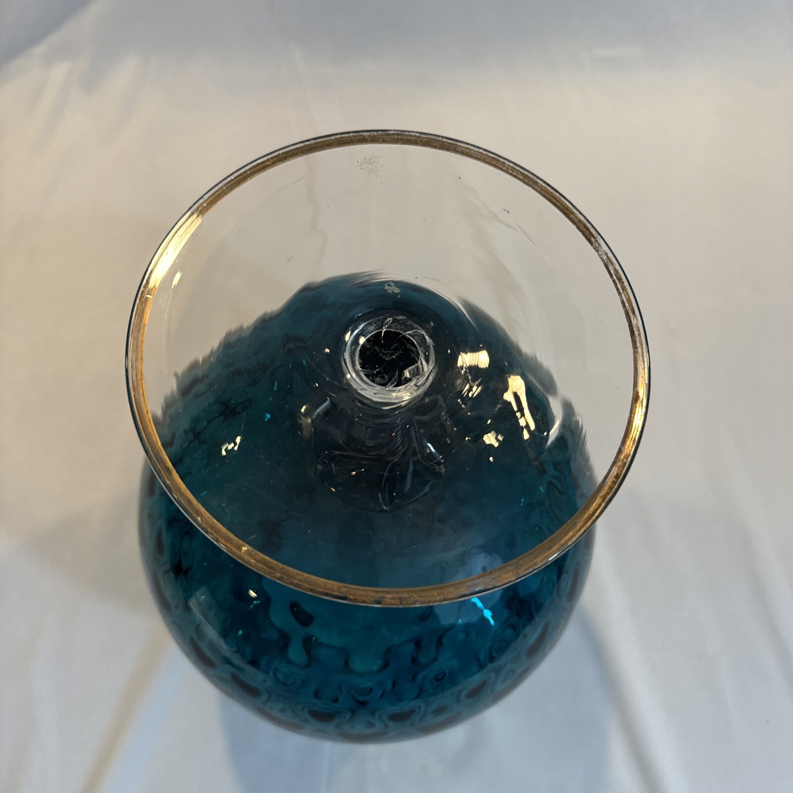 Giant Vintage Italian Turquoise Aqua Blue and Gold Crystal Bowl 14”