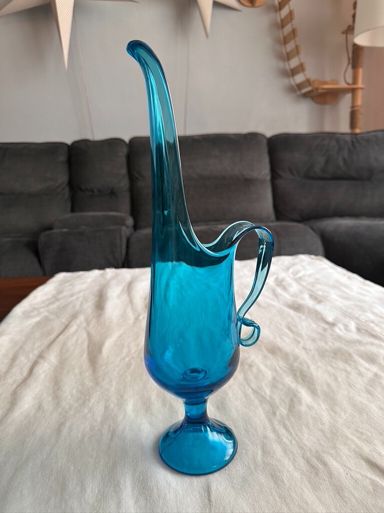 1960’s Vintage Le Smith Peacock Blue Hand Swung Ewer 16″ TALL VASE PITCHER MCM