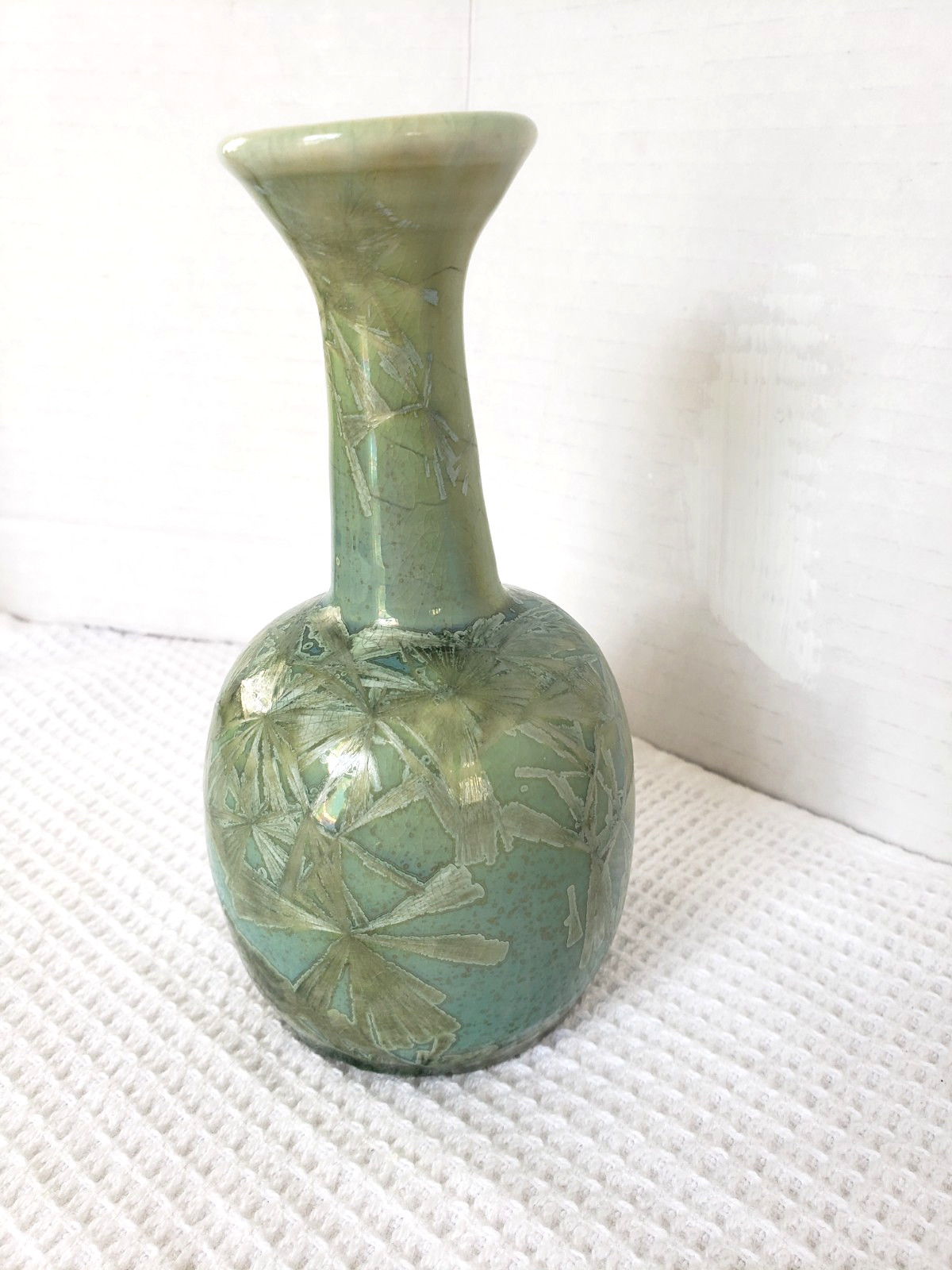 Vintage Signed Green Blue Crystalline Art Pottery Vase 6″ tall