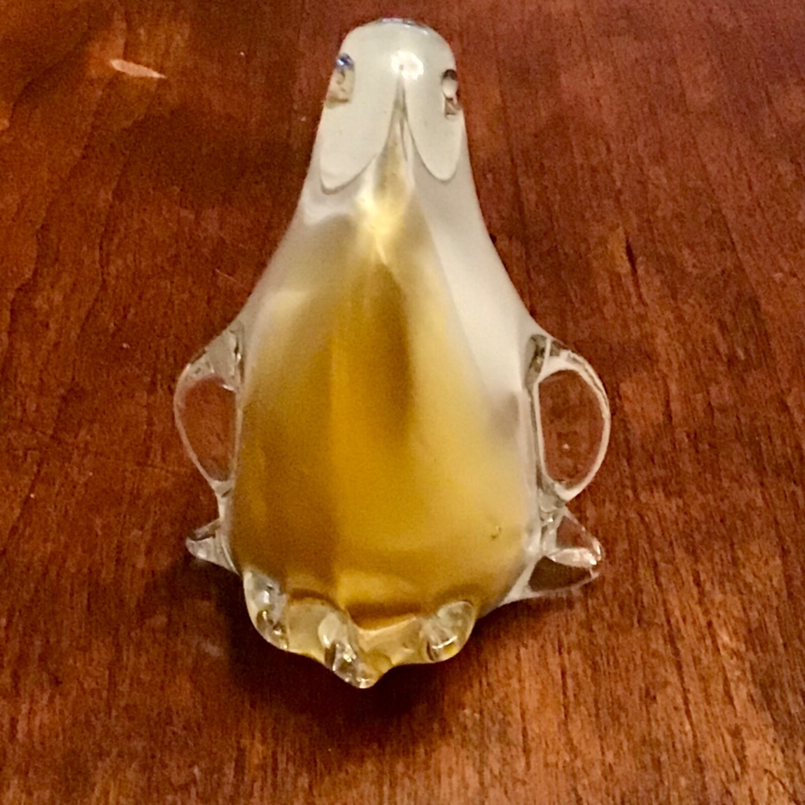 Murano Style Art Glass PENGUIN Figurine Paperweight Cased Clear White & Amber