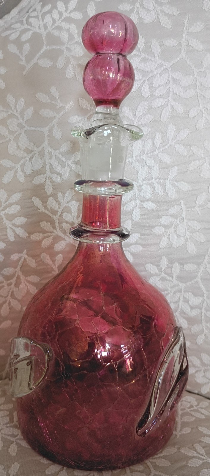 Blenko MCM Pink Crackle Glass Decanter with Pink Stopper Applied Leaf Vintage