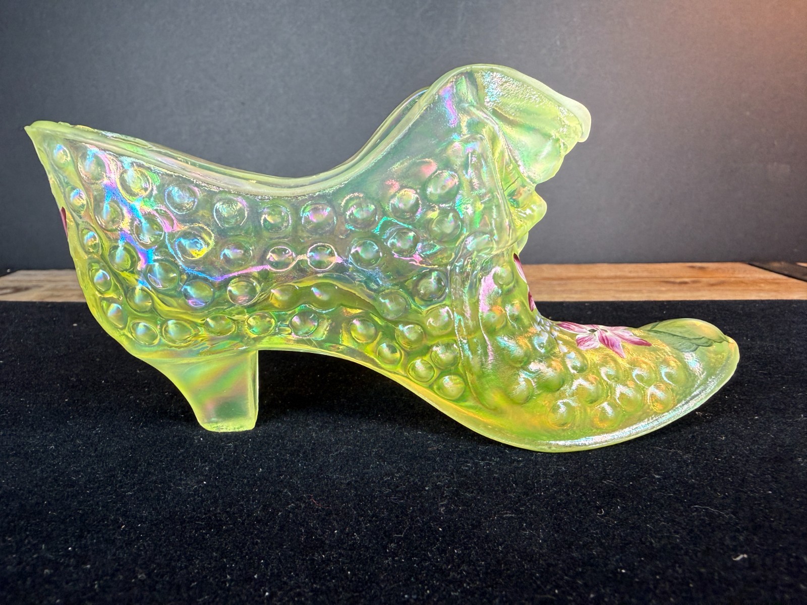 Fenton Glass 1997 Topaz Opalescent Iridized Satin Glass Slipper