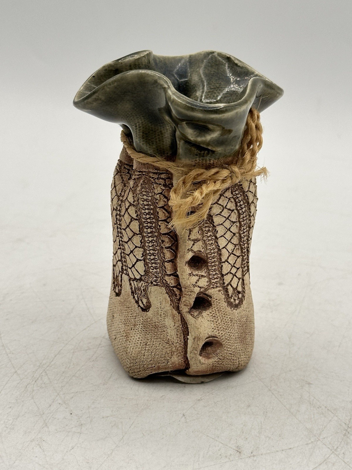Blue Heron Lace Impressed Bud Vase Pottery Signed Jayn Avery