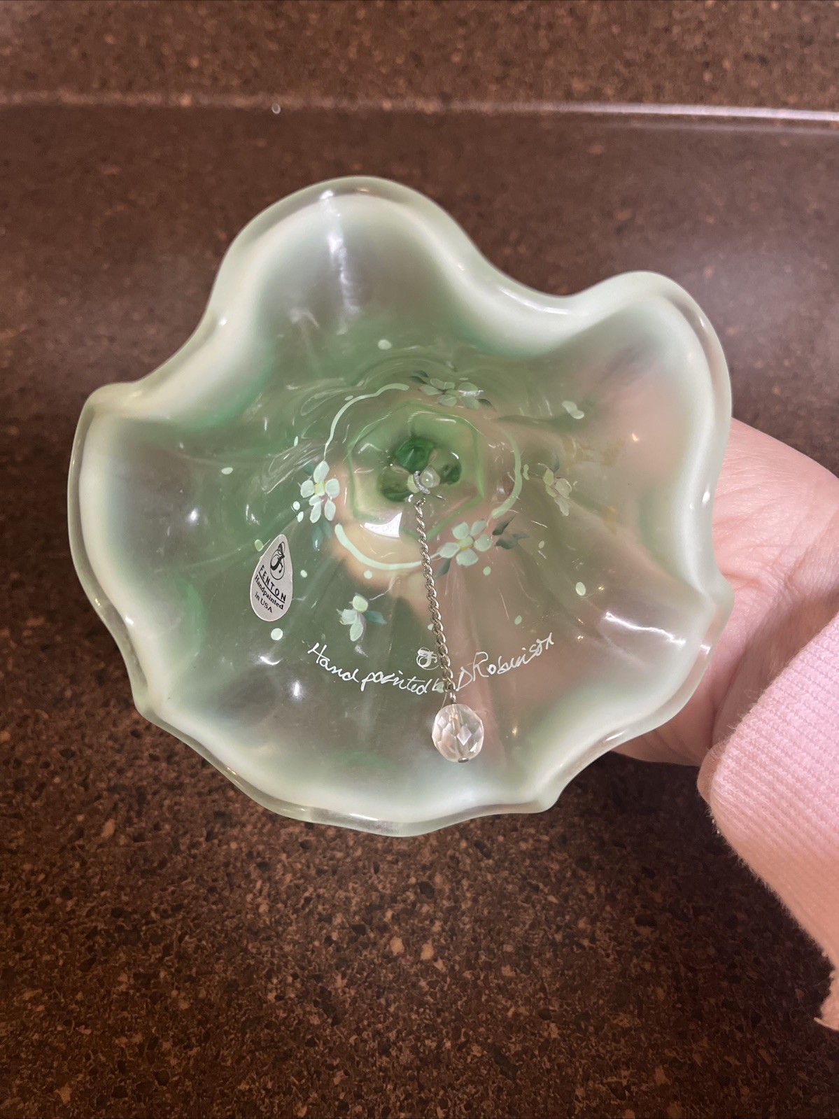 Fenton Dotted Swiss Willow Green Opalescent Satin Bell Signed 6”