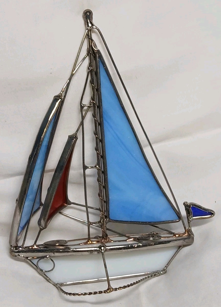 Sailboat Stained Glass And Wire Blue And Red Nautical Scultpture 6.5″ Vintage