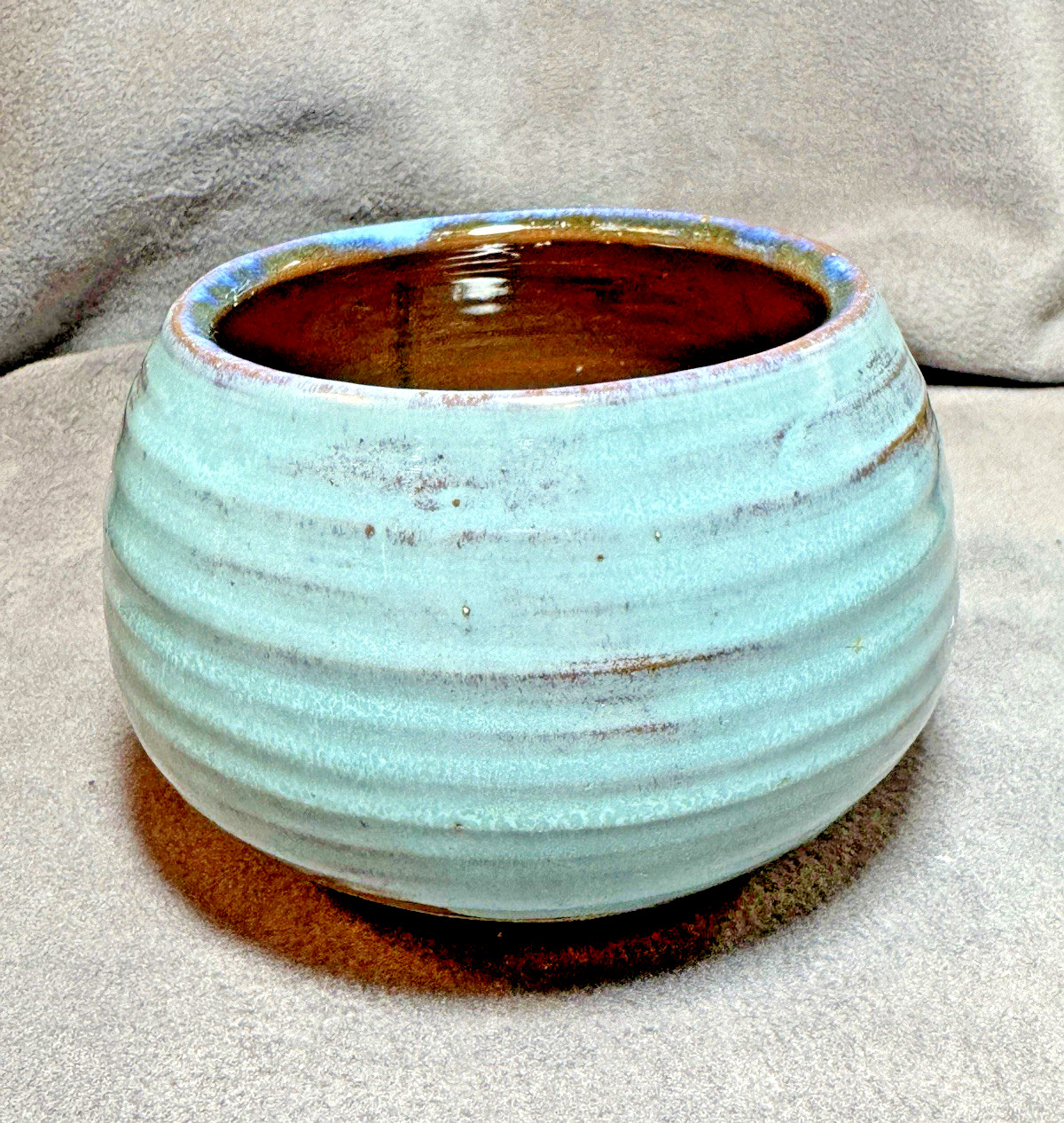 Pottery Bowl Vase Blue Green Red Interior Artisan Signed RMF 1969 Vintage NICE