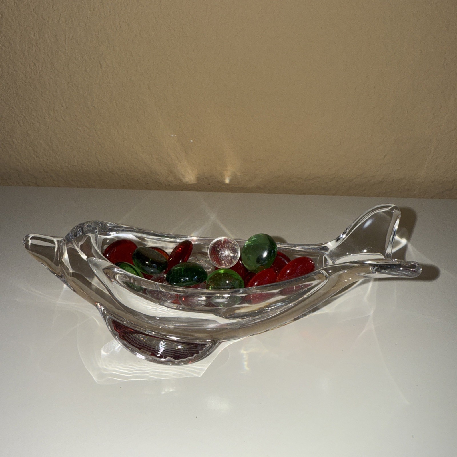 VTG Clear Glass Dolphin Figurine, 6.5″ L x 3″ W x 2.25″T Multi Color Marbles