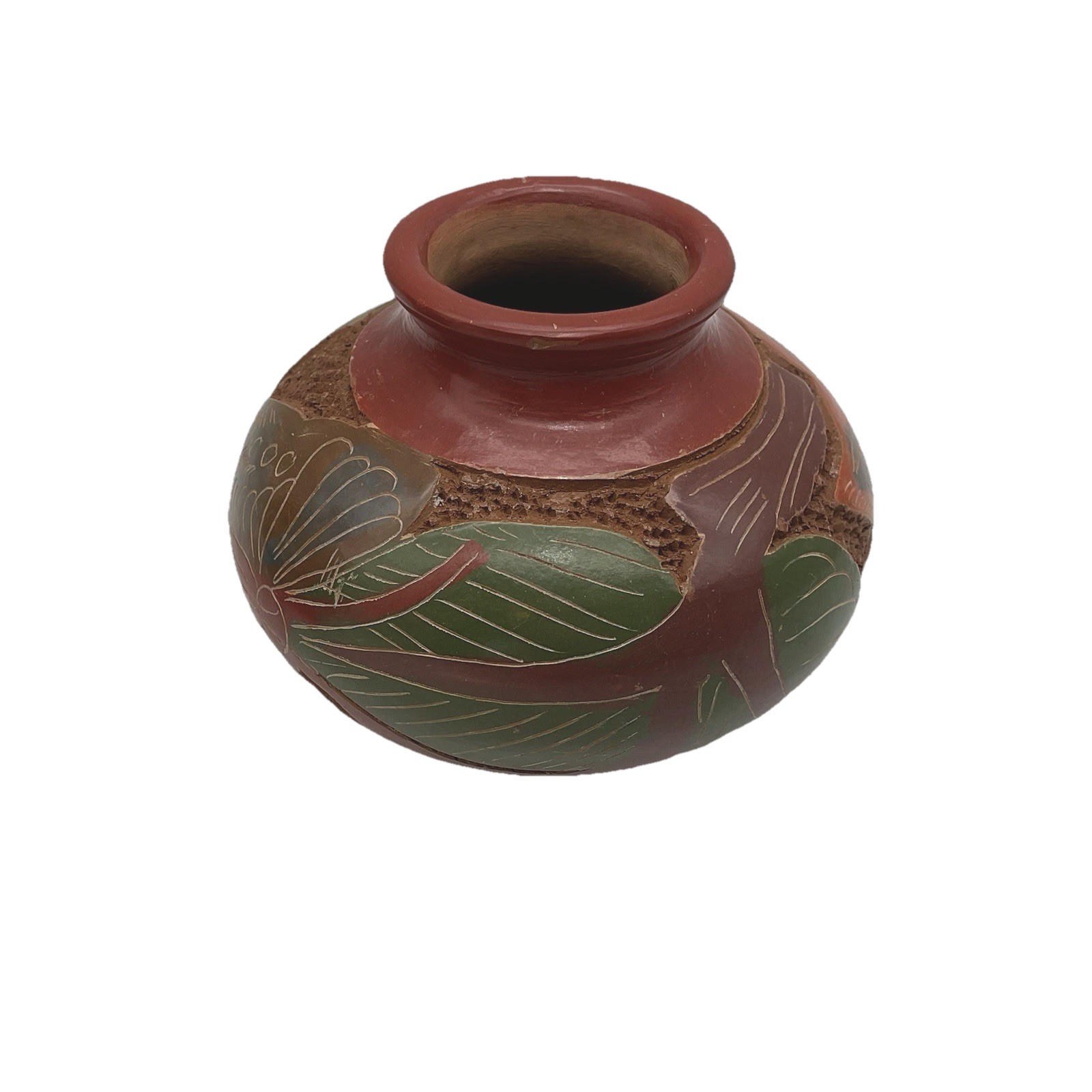 2 Nicaraguan Art Pottery Vases Fish Butterfly Design Brown Clay Hand Carved Pots