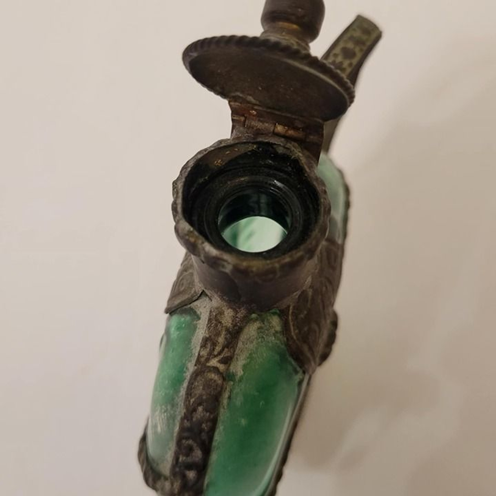 Vintage Emerald Green Glass Decanter Bottle with Ornate Aluminum Holder Teapot