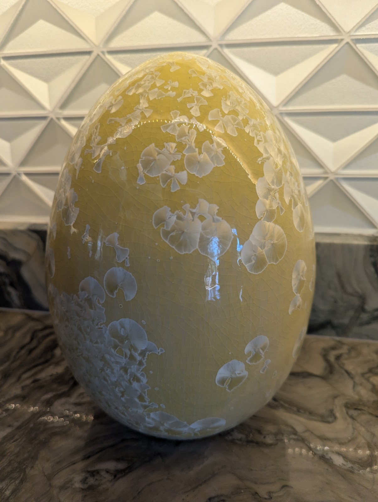 Crystalline Glaze Studio Pottery Ceramic Egg Sculpture Yellow Crystal Glaze 11″