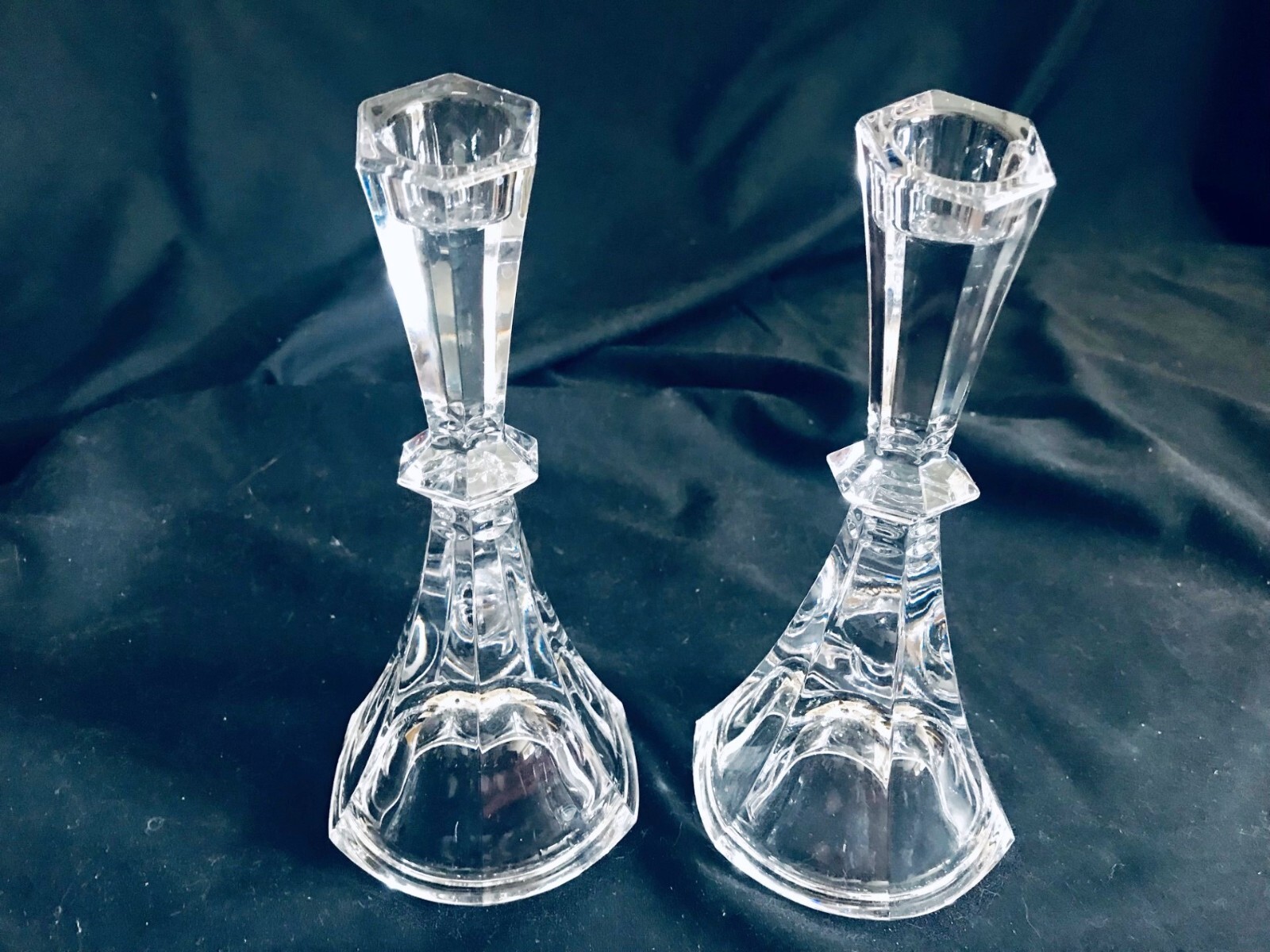 TOWLE TOC31 HEXAGONAL SET/2 LEAD CRYSTAL CANDLESTICKS 7 1/2 IN. AUSTRIA EX.COND.