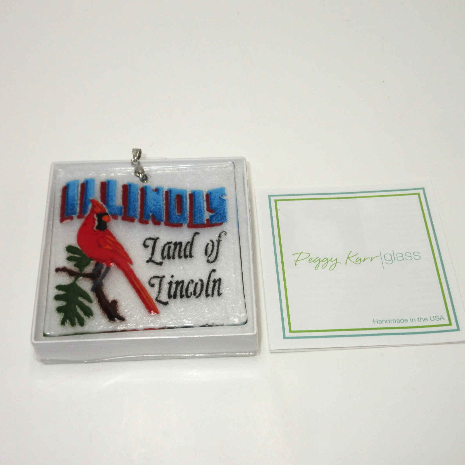 Peggy Karr Fused Glass Ornament Suncatcher ILLINOIS Land of Lincoln Cardinal
