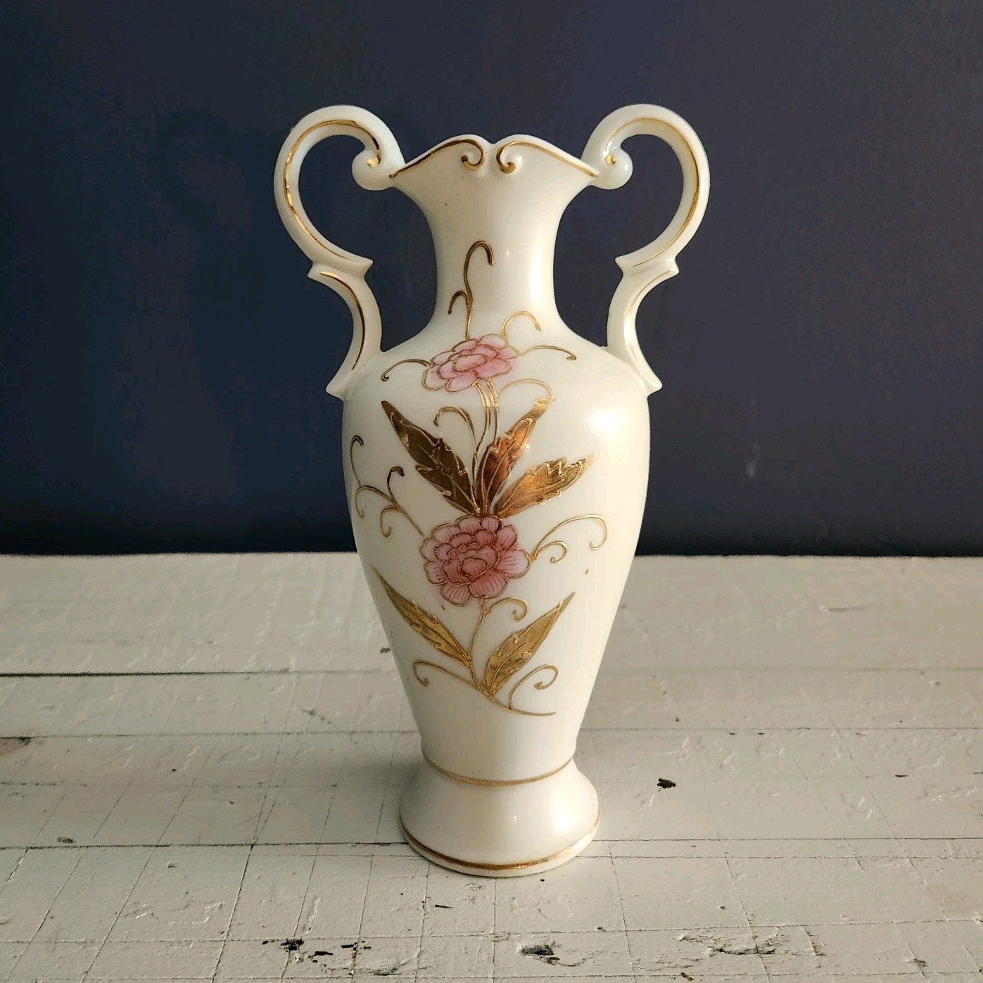 Porcelain White Pink Gold Floral Double Handle Vase 8in Glossy MPN 7300A