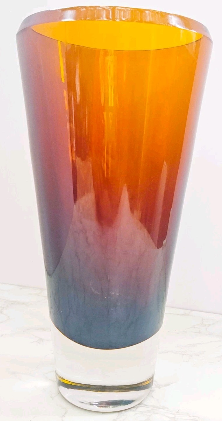 Murano Style Hand Blown Royal Limited Crystal Vase Amber Poland 11.1” Tall