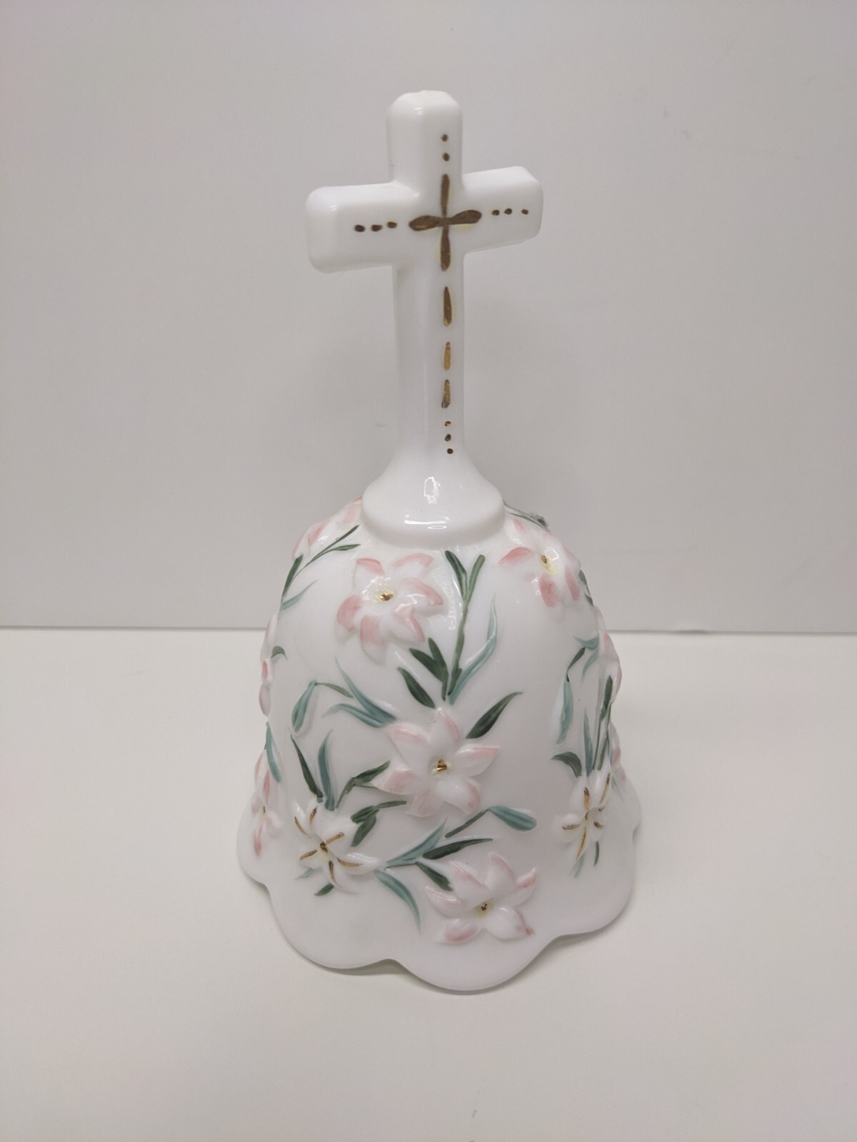 Vintage Fenton Milk Glass White Bell Hand Painted Easter Lilies Cross Signed