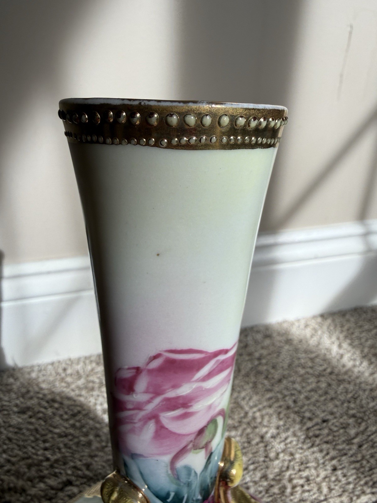 Porcelain Floral Rose Decorative Vase White/Pink/Green w/ Gold Handles