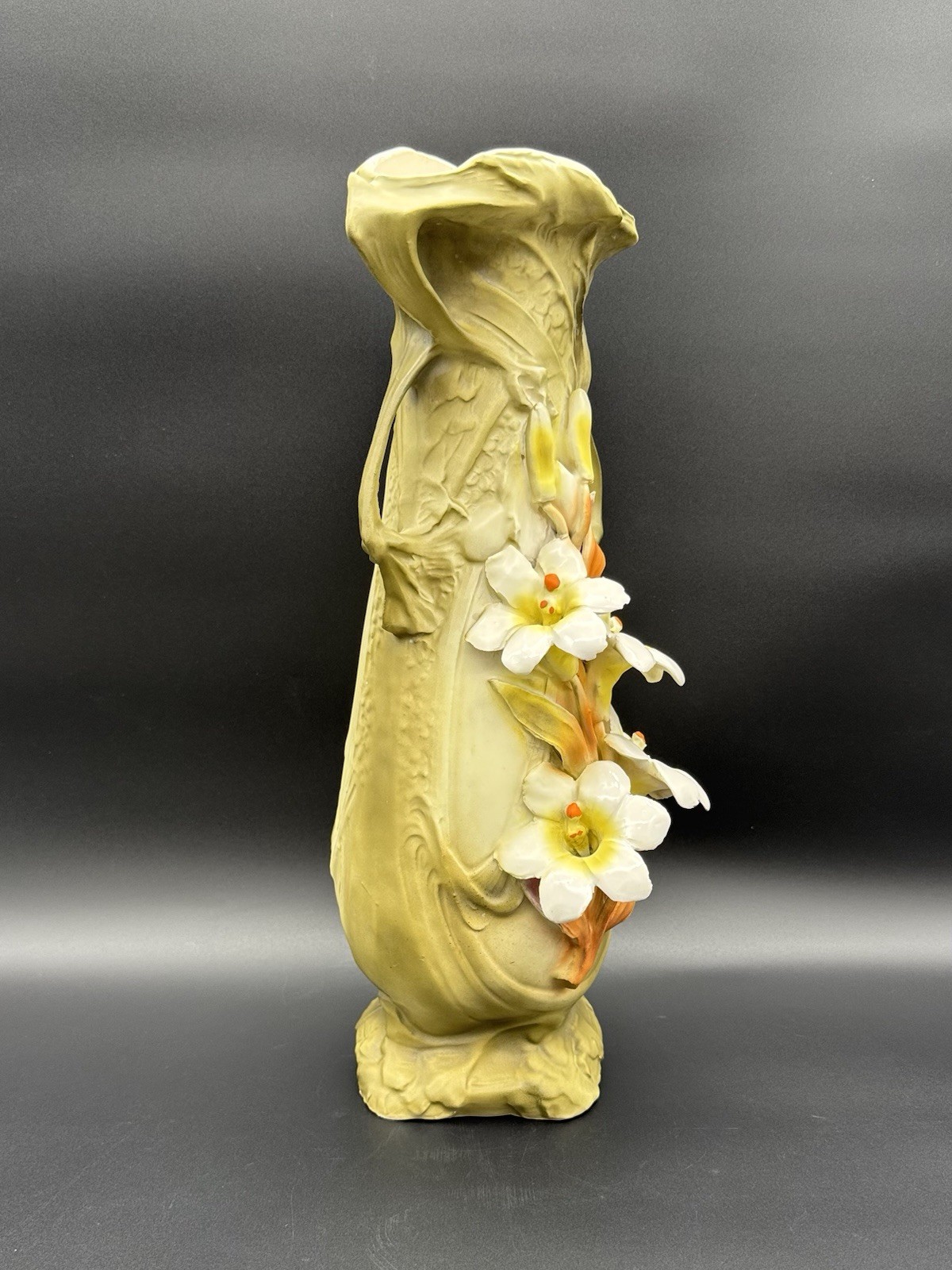 Royal Dux Vase, Easter Lilies, Art Nouveau, Double Handle, Turn Teplitz, 16″
